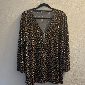 Michael Kors Brown and Black Leopard Print V-Neck Zip blouse/top